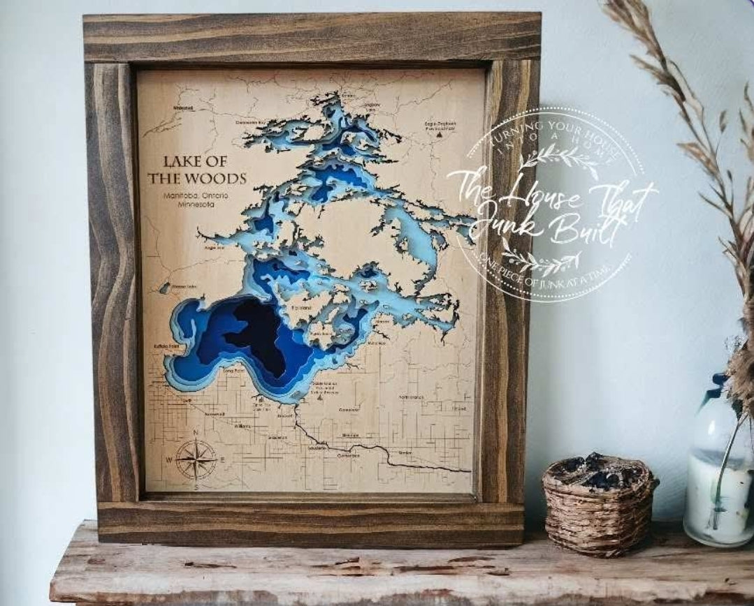 Handcrafted Wood Lake Map | Custom Framed Layered Lake Wall Art