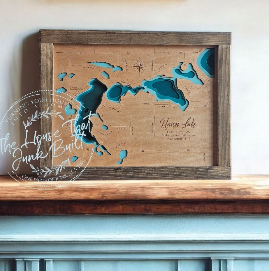 Handcrafted Wood Lake Map | Custom Framed Layered Lake Wall Art