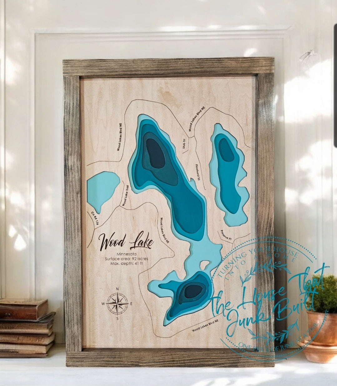 Handcrafted Wood Lake Map | Custom Framed Layered Lake Wall Art