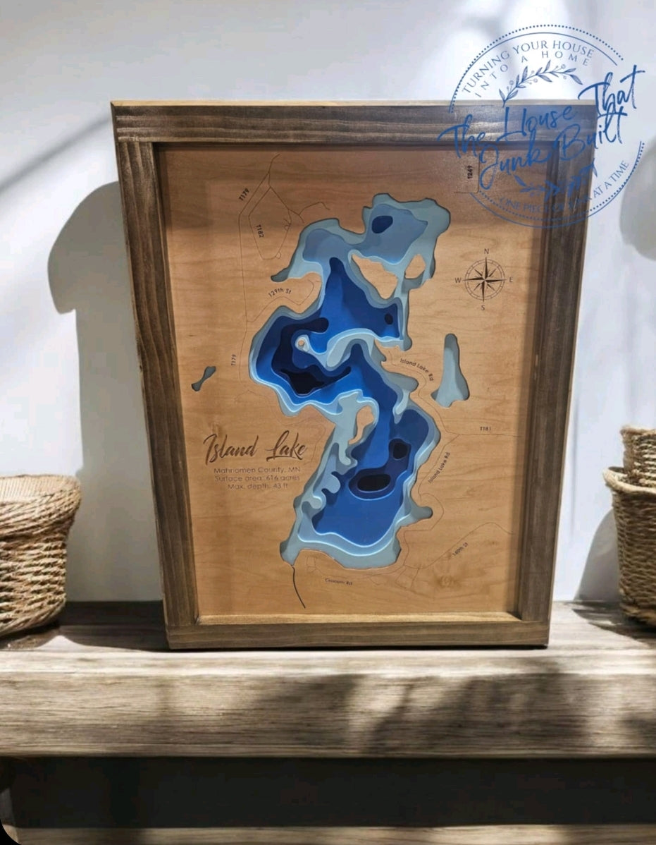 Handcrafted Wood Lake Map | Custom Framed Layered Lake Wall Art